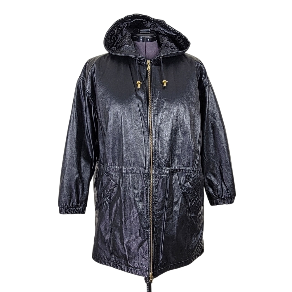 Wilsons Leather Coat Women XL Black Hooded Front Zip Quilted Thinsulate Lining - Picture 2 of 13